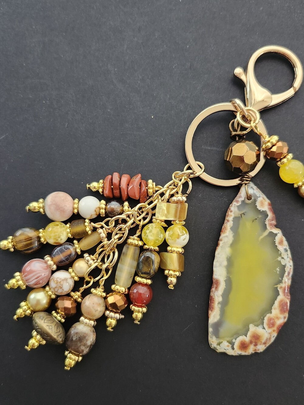 Geode Yellow Agate Purse Charm Coral Jasper Carnelian Shell Handcrafted